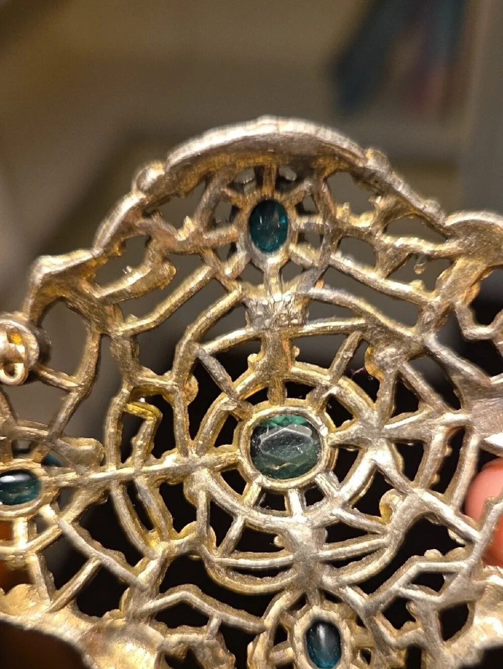 Vintage Czech Brass Filigree Brooch with Teal and Green Stones - Picture 5 of 8